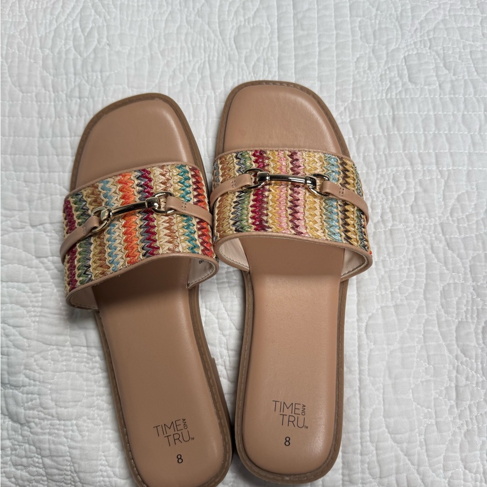 Time and Tru Multicolor Woven Slide Sandals - Tan Base